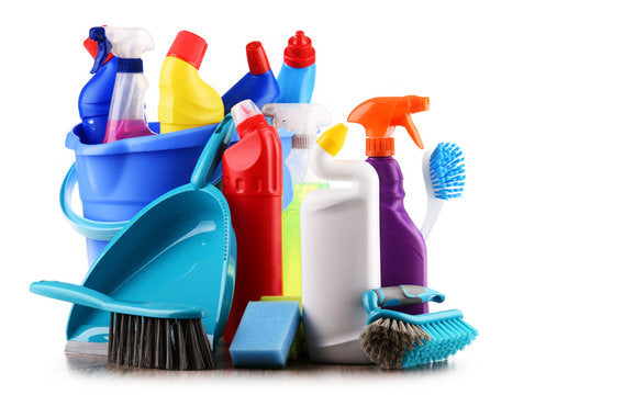 Assorted Cleaning Supplies Including Microfiber Cloths, Mops, Disinfectants, and Cleaning Tools