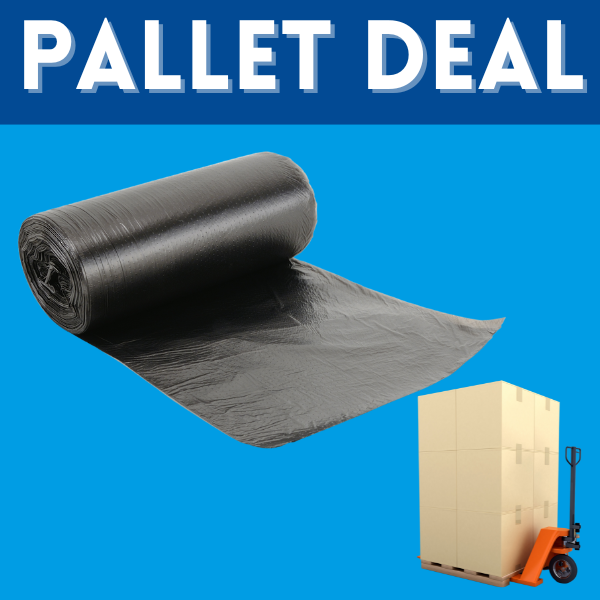 Wholesale pallet of 2,000 rolls of black rubbish bags for heavy-duty waste management in commercial and industrial settings available at DuraClean