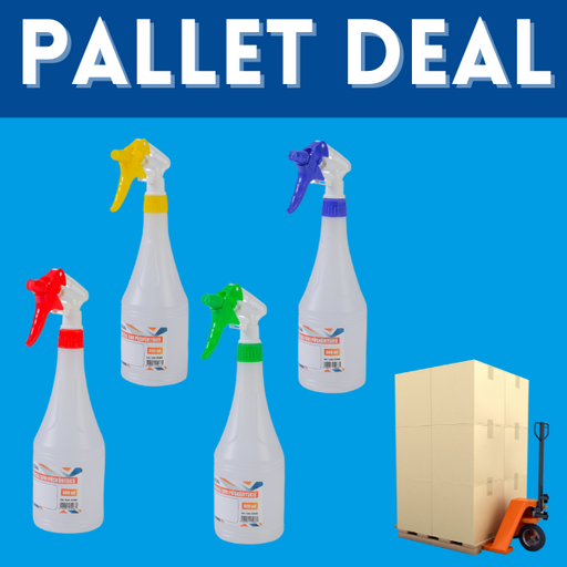 Pallet of 750 trigger spray bottles available in green, blue, red, and yellow for professional cleaning