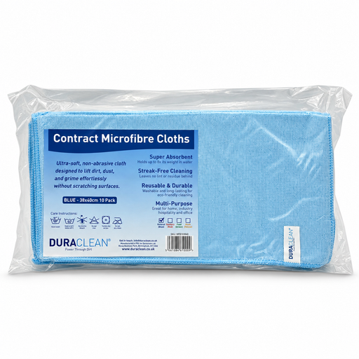 DuraClean blue microfibre cloths in a sealed pack of 10 on a white background