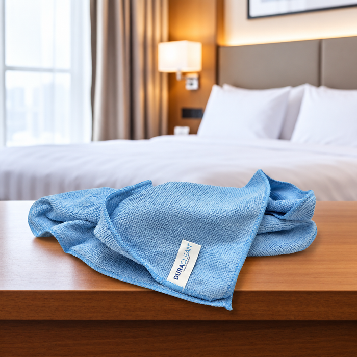 Blue microfibre cloth in a cleaning setting