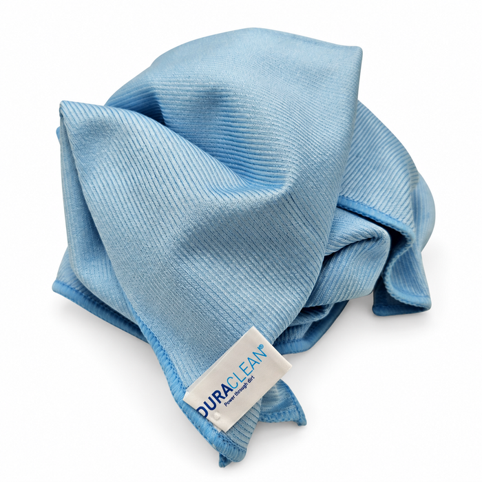 Blue glass polishing cloths shown unfolded