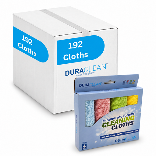 Box of Duraclean cleaning cloths with promotional text on a white background