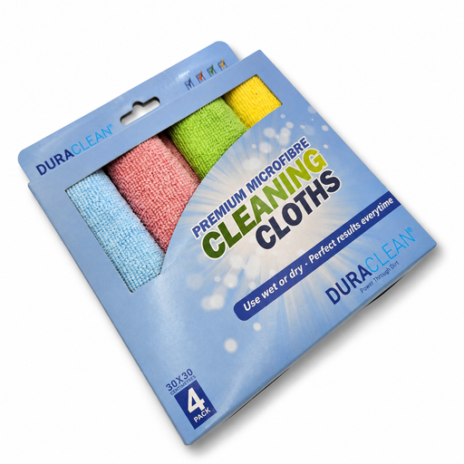 Pack of Dura Clean cleaning cloths with promotional text on a white background