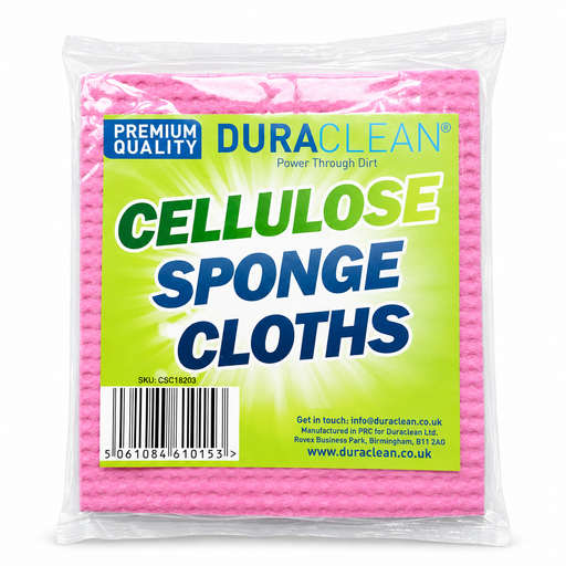 Pack of Duraclean cellulose sponge cloths with pink sponges inside a clear plastic bag on a white background.