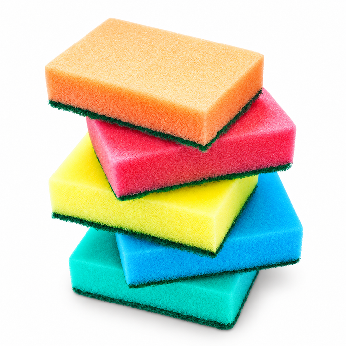 Stack of colorful sponges on a white background