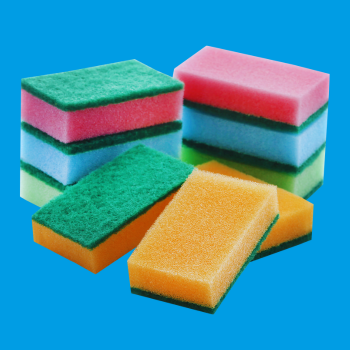 Mobile view banner image showcasing various types of sponges for cleaning and household use."  URL hand