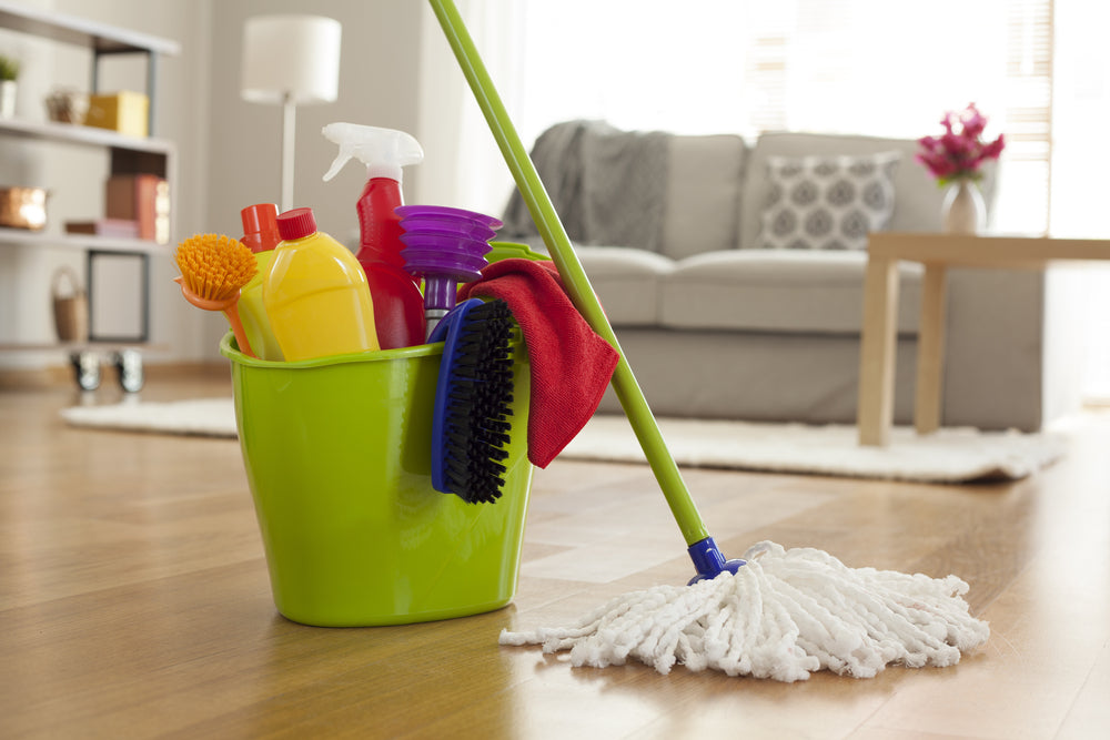 Image showcasing a variety of buckets for floorcare, including mopping buckets and cleaning supplies